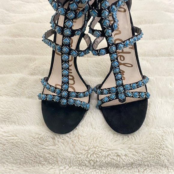 Sam Edelman Studded Gladiator Black Turquoise Strappy Sandals Heels Size 8.5 - Picture 3 of 15